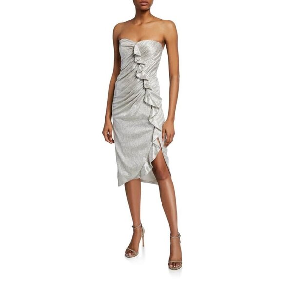 Jonathan Simkhai Plisse Metallic Bustier Ruffle Dress Silver Women’s Size 10 - Picture 1 of 16